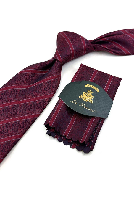 Bordo Çizgi Desen Mendilli Klasik Kravat KK14101