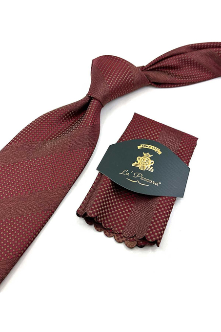 Bordo Çizgi Desen Mendilli Klasik Kravat KK14112