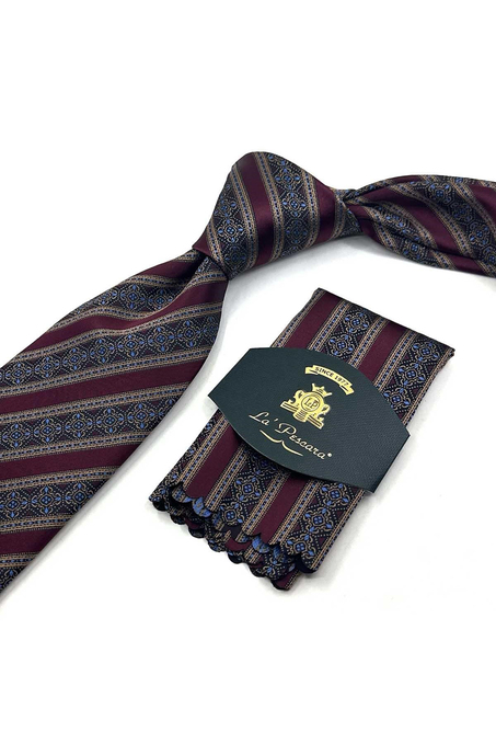 Bordo Çizgi Desen Mendilli Klasik Kravat KK13776