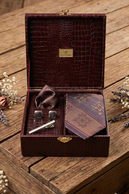 Bordo Erkek Hediye Kutusu - Kravat Kol Düğmesi Kravat İğnesi KMK124