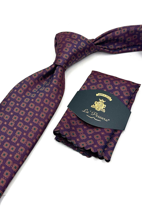 Bordo - Lacivert Motif Desen Mendilli Klasik Kravat KK13659