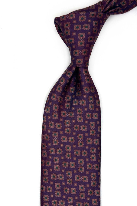 Bordo - Lacivert Motif Desen Mendilli Klasik Kravat KK13659