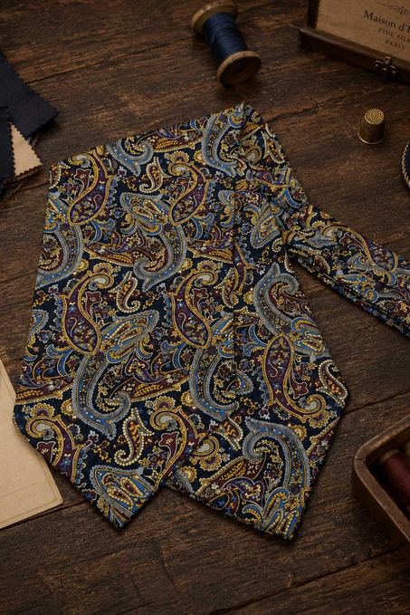 Bordo Lacivert Şal Desen İtalyan İpek Ascot Kravat SAC81