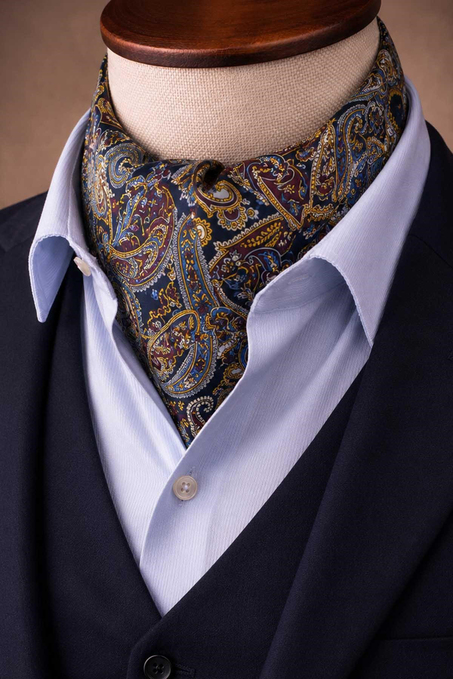Bordo Lacivert Şal Desen İtalyan İpek Ascot Kravat SAC81