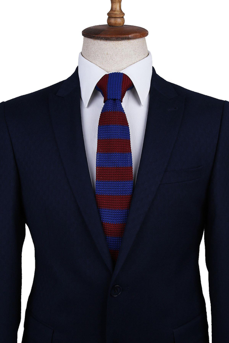 Bordo - Mavi Çizgi Desen Örgü Kravat ÖR8294