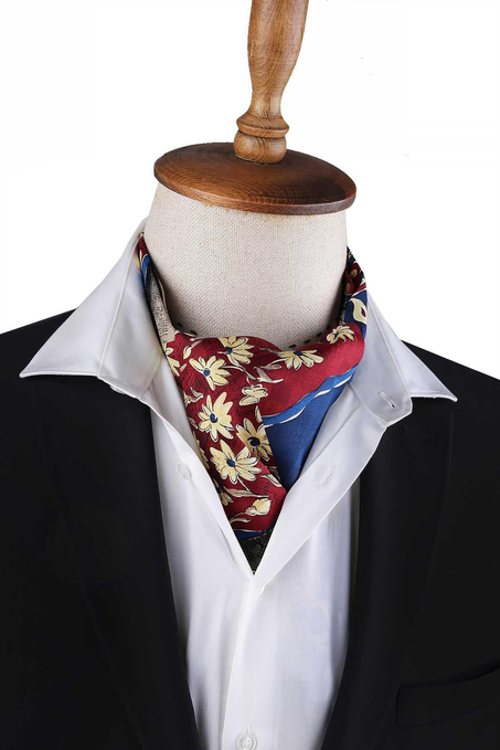 Bordo - Mavi Motif Desen Erkek Ascot Fular K647
