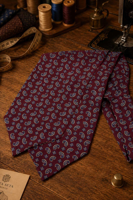 Bordo Mavi Şal Desen İtalyan İpek Ascot Kravat SAC116