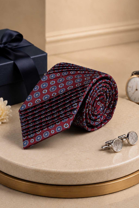 Bordo Motif Desen İtalyan İpek Piliseli Kravat EST238