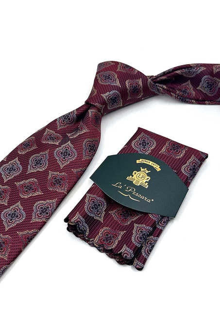 Bordo Motif Desen Mendilli Klasik Kravat K13609
