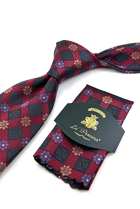 Bordo Motif Desen Mendilli Klasik Kravat KK13943