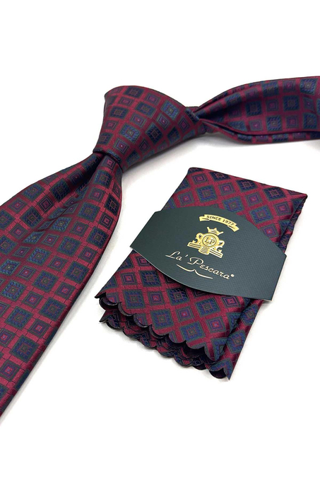 Bordo Motif Desen Mendilli Klasik Kravat K13634