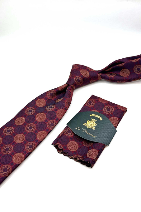 Bordo Puantiye Desen Mendilli Klasik Kravat KK12995
