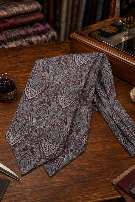 Bordo Şal Desen İtalyan İpek Ascot Kravat SAC145