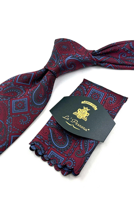 Bordo Şal Desen Mendilli Klasik Kravat KK13905