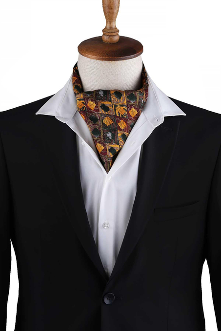 Bordo - Sarı Motif Desen Erkek Ascot Fular K644