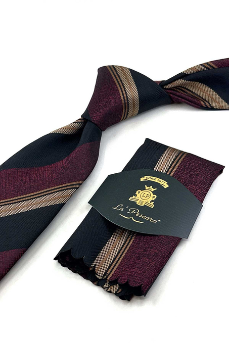 Bordo - Siyah Çizgi Desen Mendilli Klasik Kravat KK12878