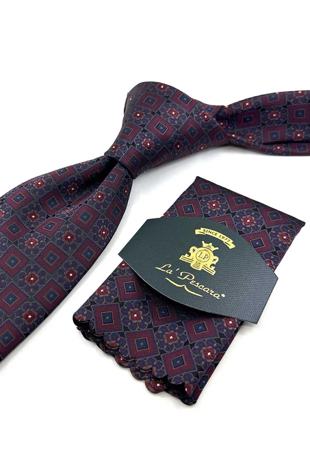 Bordo Siyah Motif Desen Mendilli Klasik Kravat KK13952