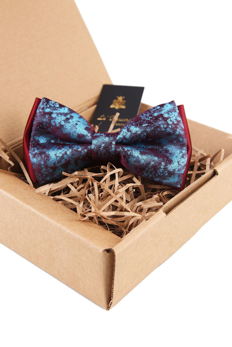 Bordo - Turkuaz Kendinden Desen Papyon P1428