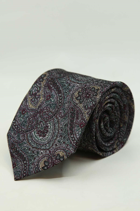 Bordo - Yeşil Şal Desen İtalyan İpek Kravat İK2507