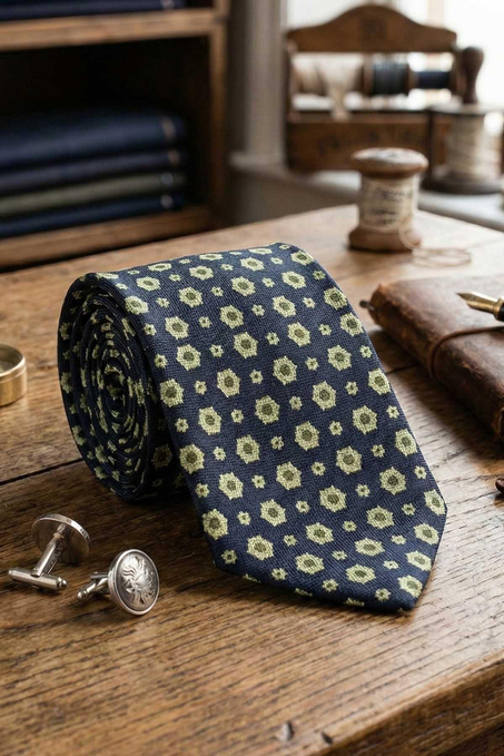 Cademario Style Koyu Lacivert Motif Desen İtalyan İpek Kravat İK2230