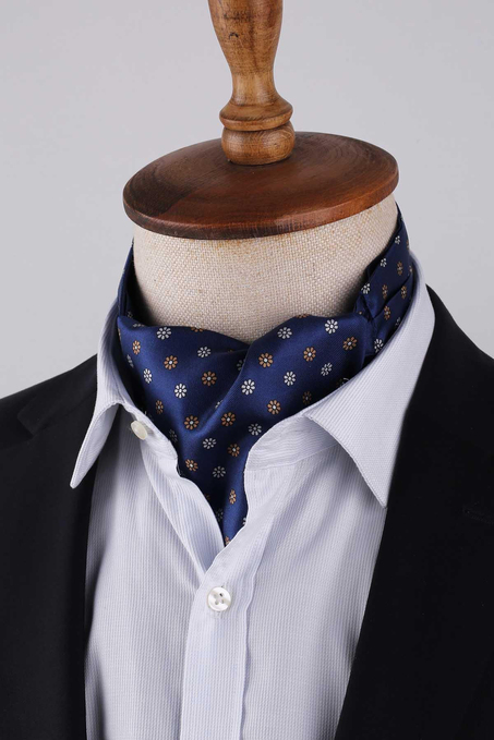 Çiçek Desen Lacivert İtalyan İpek Ascot Kravat SAC10