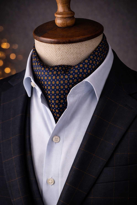 Çiçek Desen Lacivert İtalyan İpek Ascot Kravat SAC39