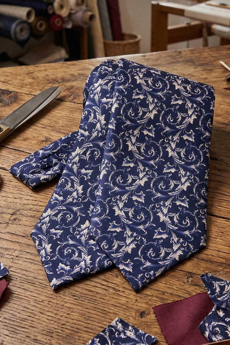 Çiçek Desen Lacivert İtalyan İpek Ascot Kravat SAC41
