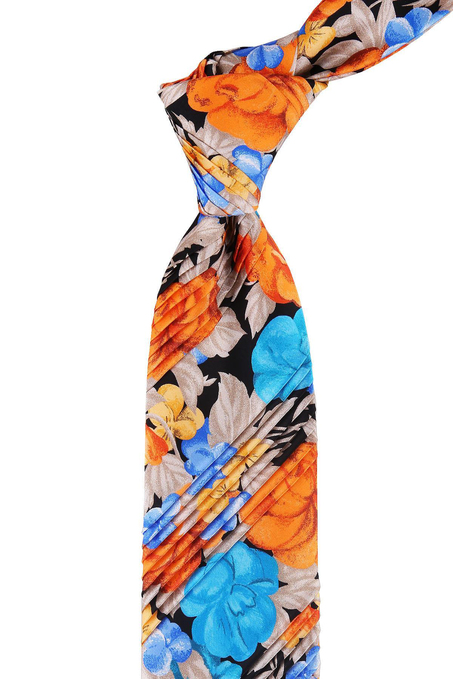 Çok Renkli Çiçek Desen Piliseli İpek Kravat EST138