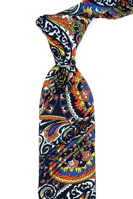 Çok Renkli - Lacivert Motif Desen İtalyan Piliseli İpek Kravat EST165