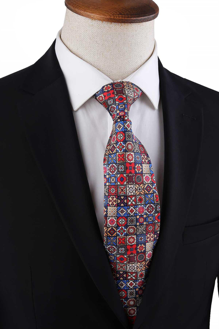 Çok Renkli Motif Desen İtalyan İpek Kravat İK1688