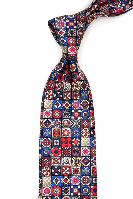 Çok Renkli Motif Desen İtalyan İpek Kravat İK1688