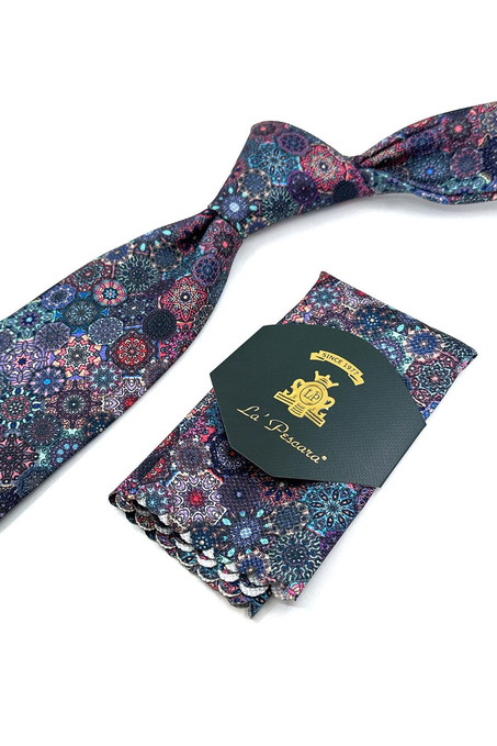 Çok Renkli Motif Desen Mendilli Klasik Kravat KK11948