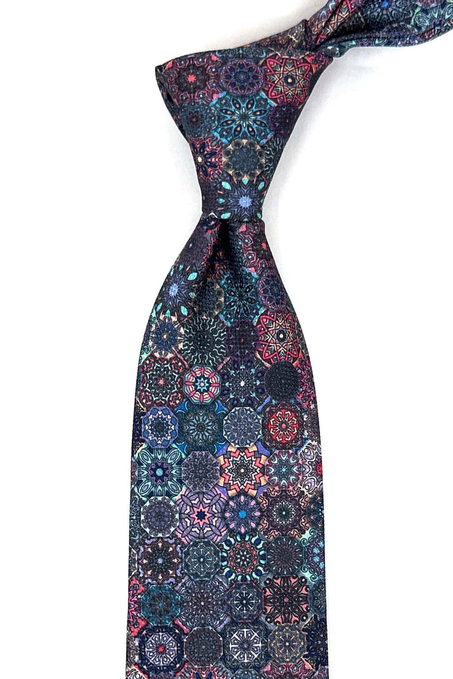 Çok Renkli Motif Desen Mendilli Klasik Kravat KK11948