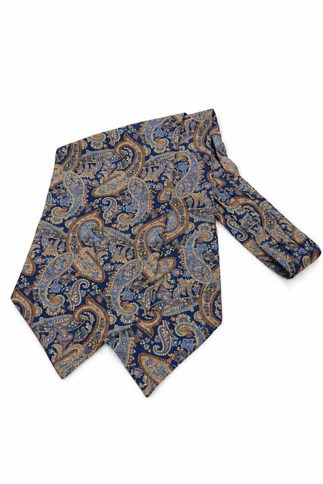 Ekru Lacivert Şal Desen İtalyan İpek Ascot Kravat SAC130