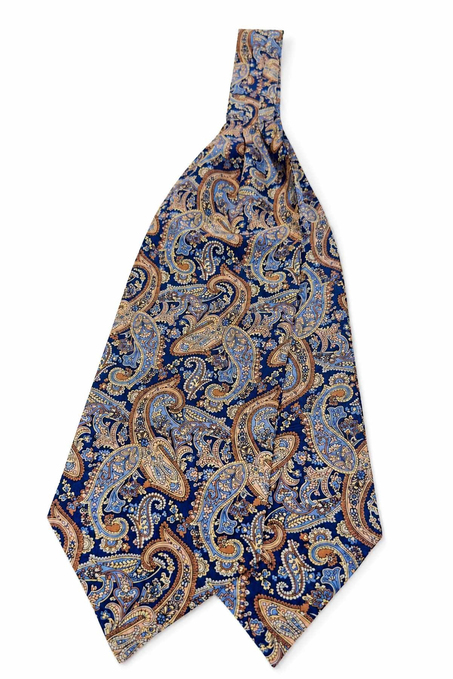 Ekru Lacivert Şal Desen İtalyan İpek Ascot Kravat SAC130