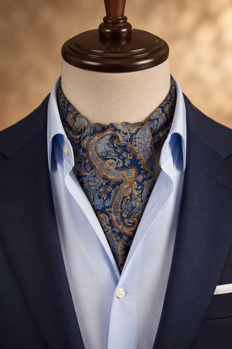 Ekru Lacivert Şal Desen İtalyan İpek Ascot Kravat SAC130