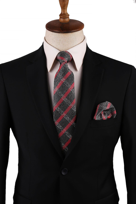 Füme Ekose Desen Mendilli Klasik Kravat KK10757