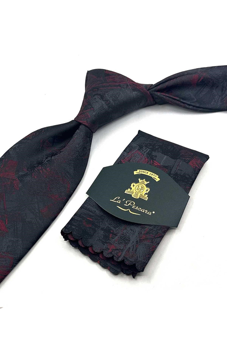 Füme Kırmızı Motif Desen Mendilli Klasik Kravat KK13748