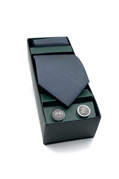 Füme Mendilli Kravat Gri Kol Düğmesi Hediye Seti OS571
