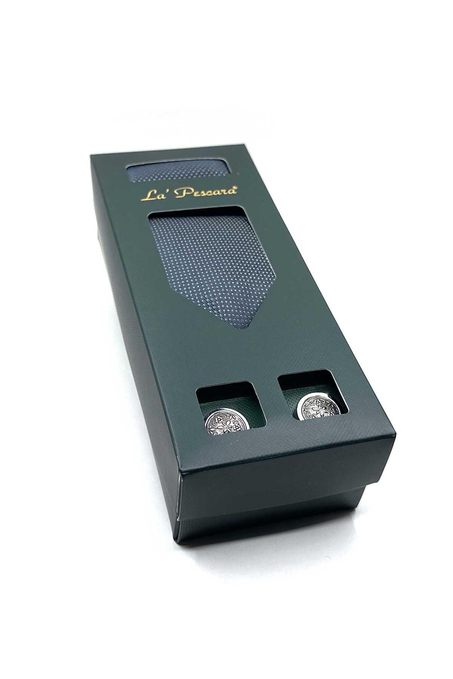 Füme Mendilli Kravat Gri Kol Düğmesi Hediye Seti OS571