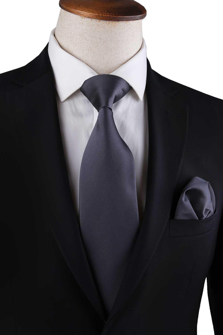 Füme Reps Dokulu Düz Mendilli Klasik Kravat KK13175