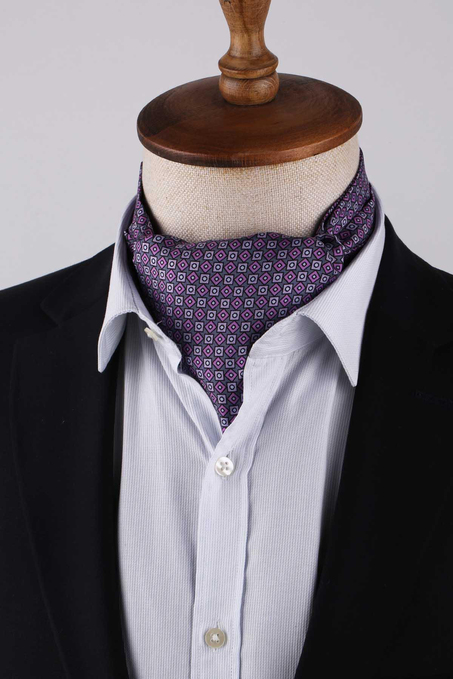 Geometrik Desen Lila İtalyan İpek Ascot Kravat SAC58