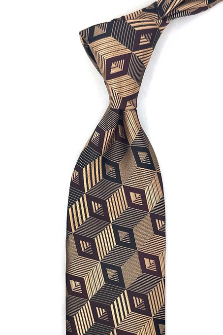Gold Kahve Motif Desen Mendilli Klasik Kravat KK13785