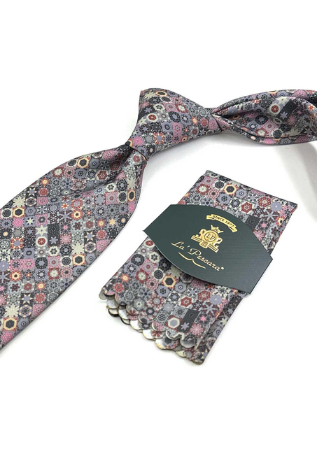 Gri - Çok Renkli Motif Desen Baskılı Klasik Mendilli Kravat KK13338