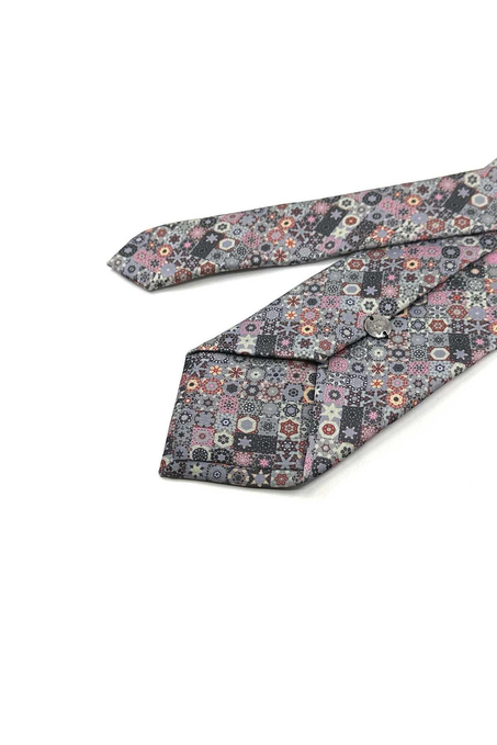 Gri - Çok Renkli Motif Desen Baskılı Klasik Mendilli Kravat KK13338