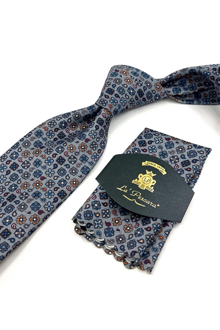 Gri Çok Renkli Motif Desen Mendilli Klasik Kravat KK14055
