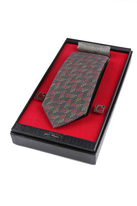 Gri İtalyan İpek Kravat Mendil Kol Düğmesi Sevgililer Günü Hediyesi SKS56