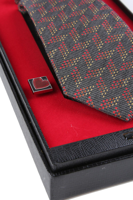 Gri İtalyan İpek Kravat Mendil Kol Düğmesi Sevgililer Günü Hediyesi SKS56