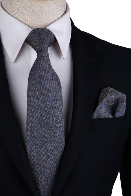 Gri - Kahverengi Kum Desen Mendilli Klasik Kravat KK10511