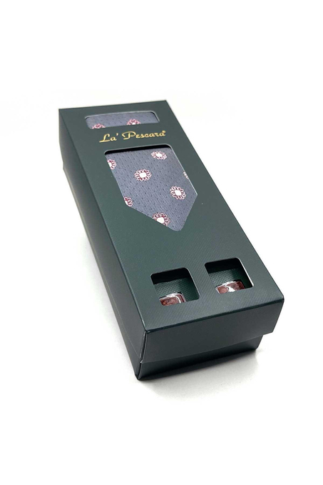 Gri Mendilli Kravat Kahve Kol Düğmesi Hediye Seti OS565